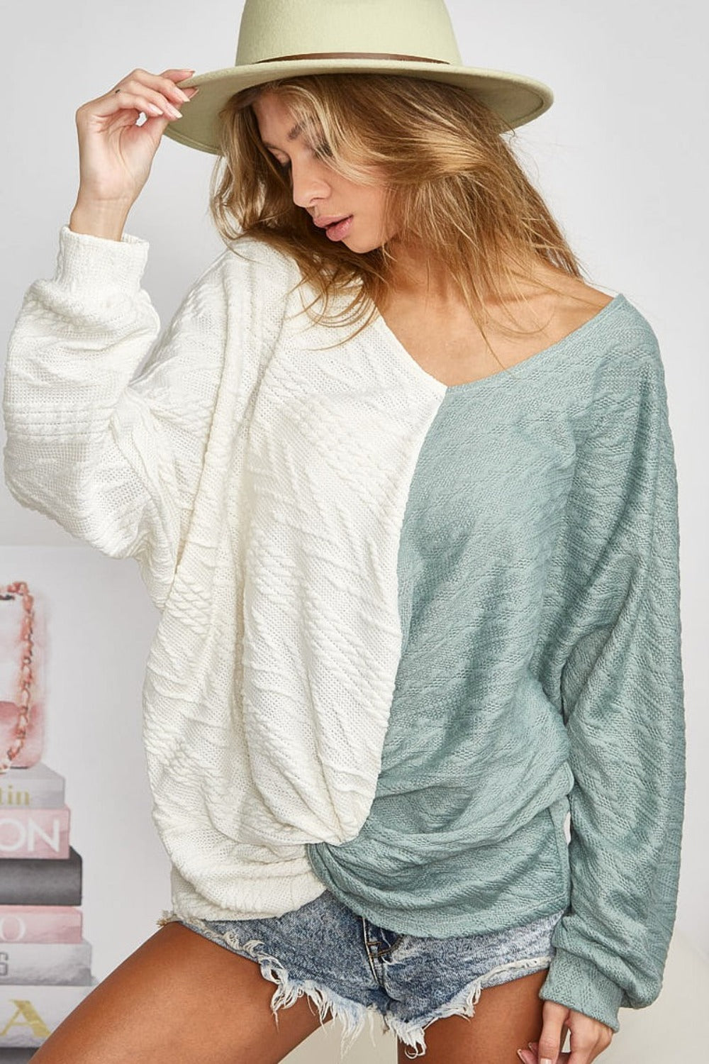 BiBi Twist Front Contrast Cable Knit Top