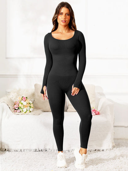 Scoop Neck Long Sleeve Active Jumpsuit Brown