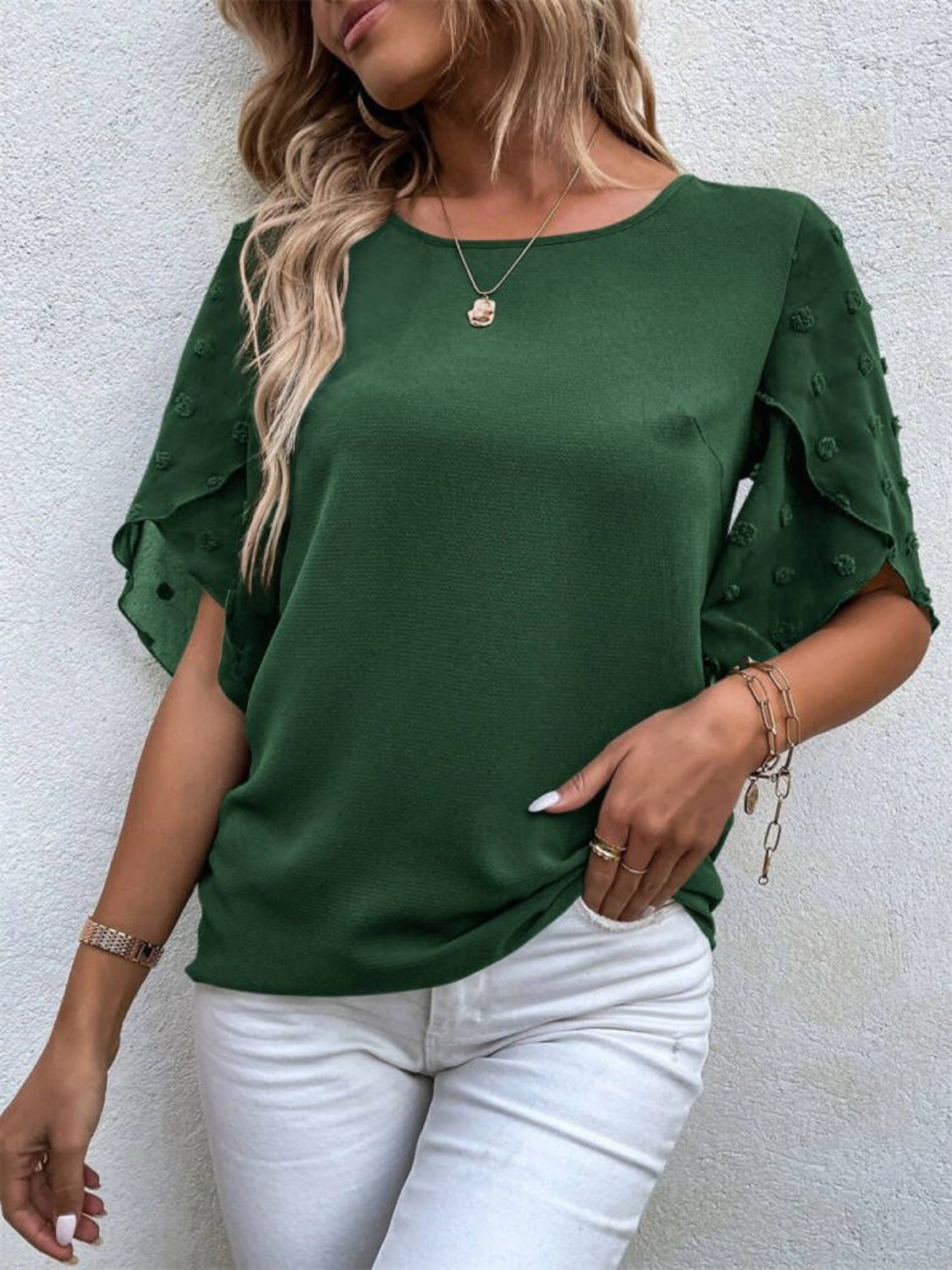 Swiss Dot Round Neck Half Sleeve Blouse - Thandynie