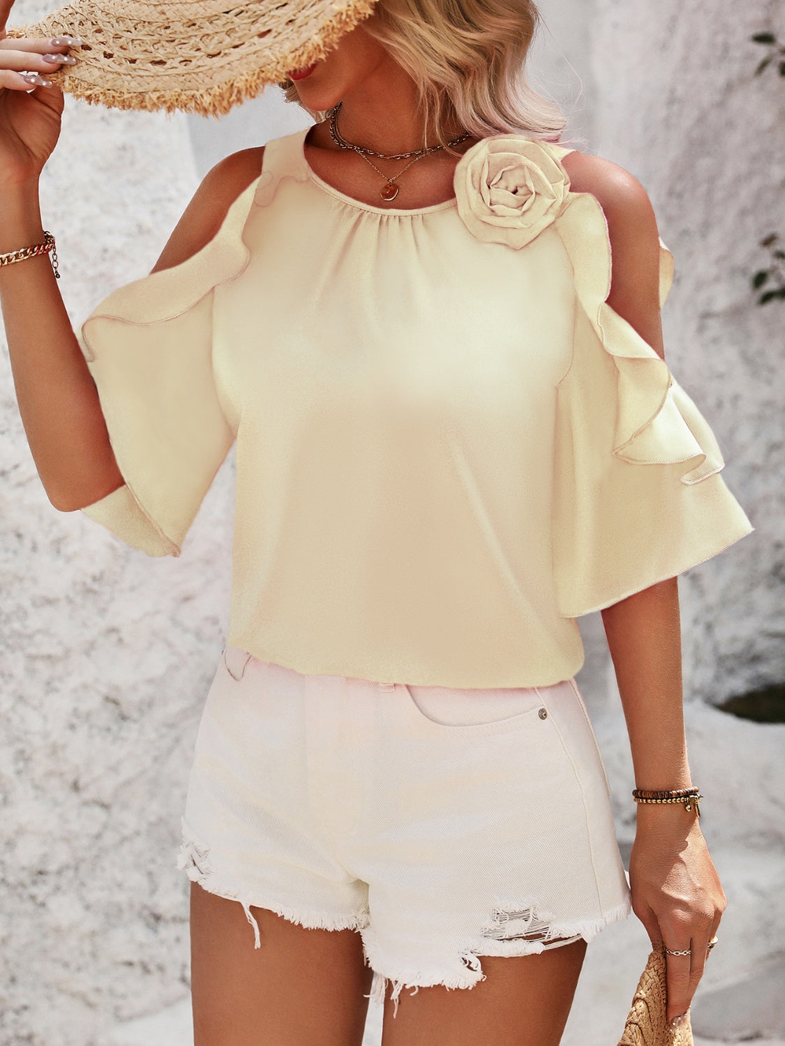 Ruffled Round Neck Half Sleeve Blouse - Thandynie