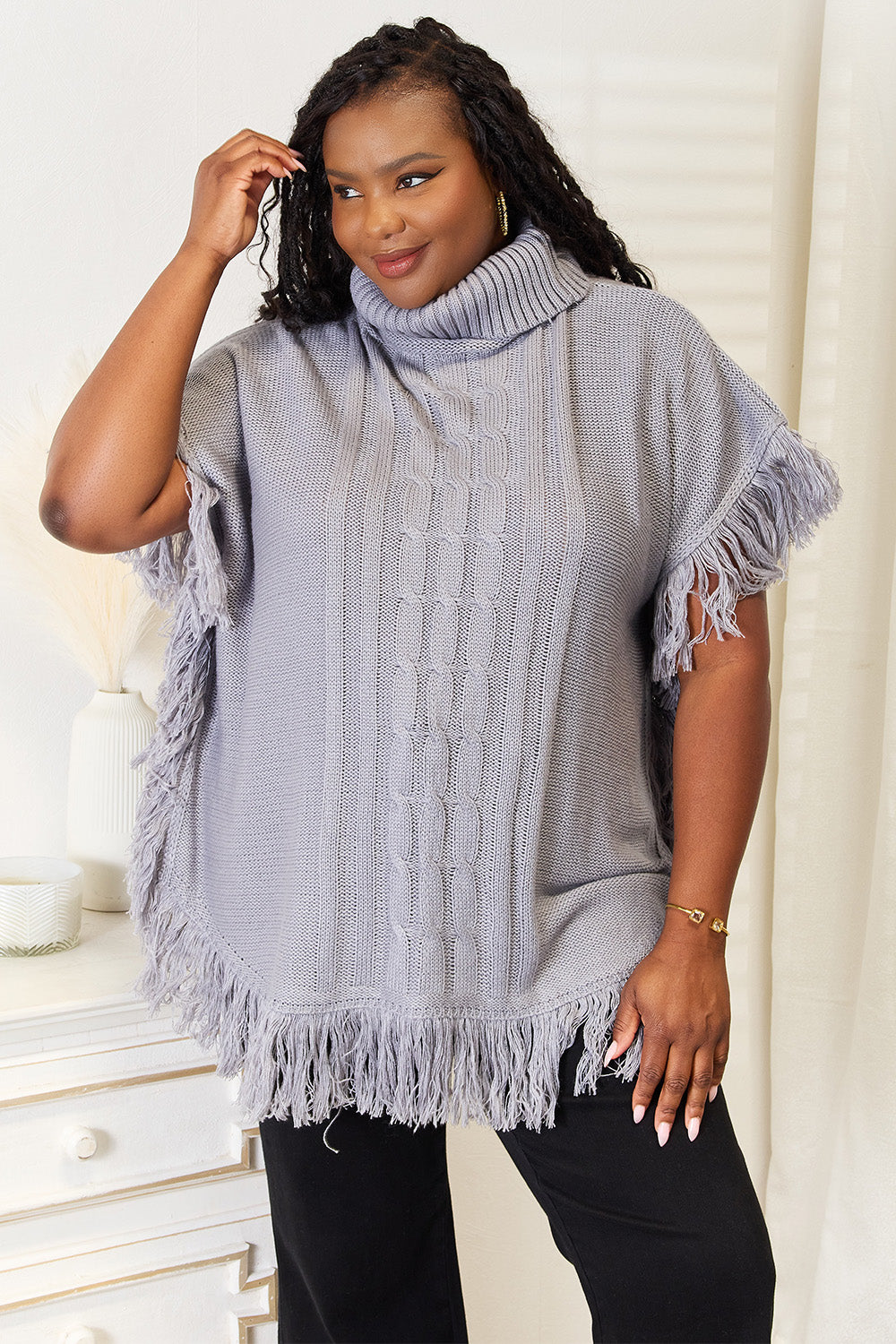 Justin Taylor Turtle Neck Fringe Poncho - Thandynie