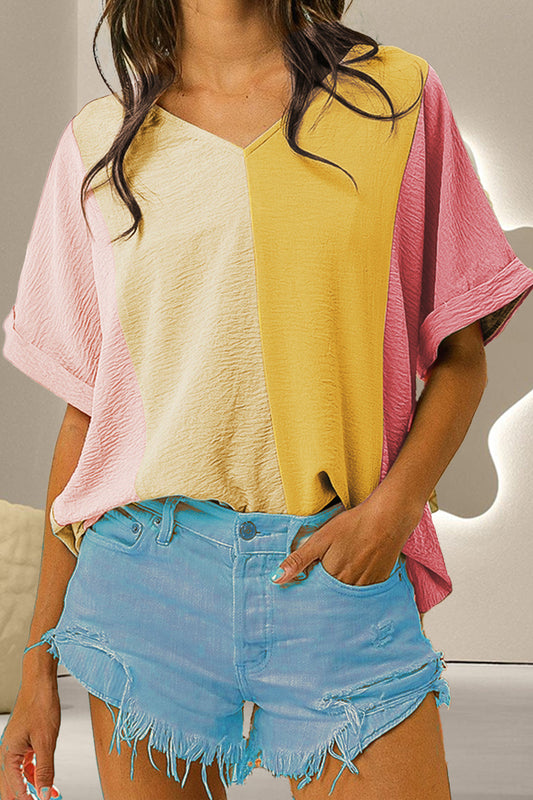 Color Block V-Neck Half Sleeve T-Shirt Yellow