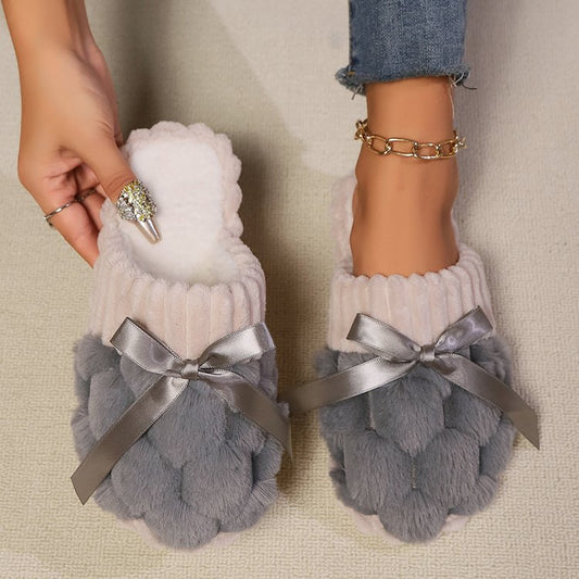 Bow Trim Contrast Slippers Gray