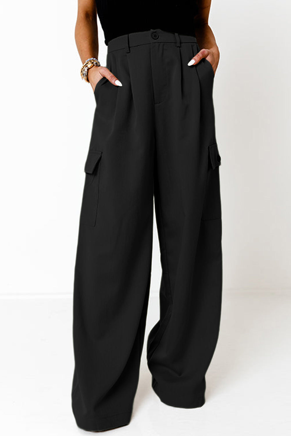 Ruched Wide Leg Pants with Pockets Black