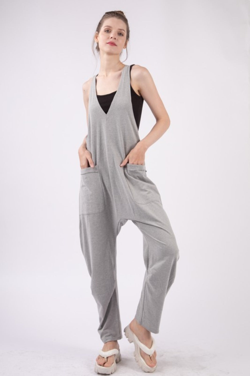 VERY J Plunge Sleeveless Jumpsuit with Pockets