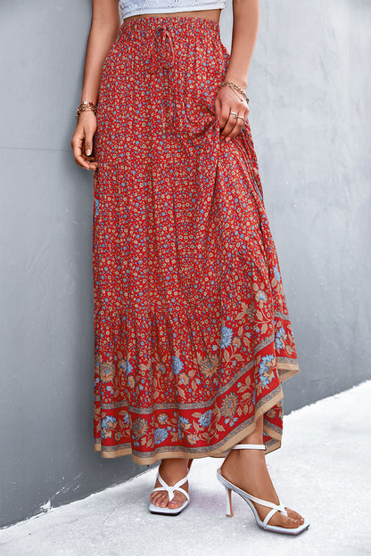 Floral Tied Maxi Skirt Deep Red