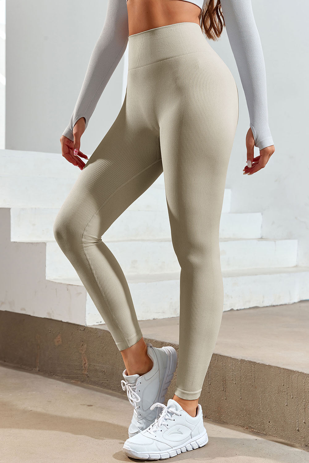 Wide Waistband Sports Leggings Cream