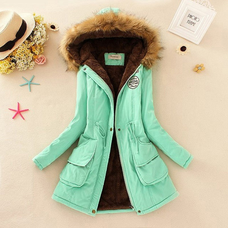 Long Women's Cotton-Padded Jacket With Wool Collar Green