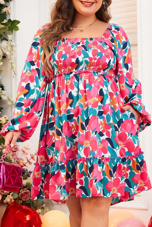 Plus Size Smocked Floral Square Neck Balloon Sleeve Dress Floral