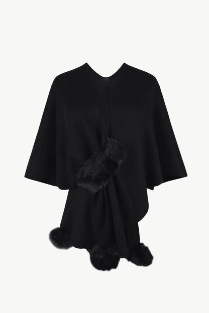 Surplice Neck Pom-Pom Trim Poncho Black One Size