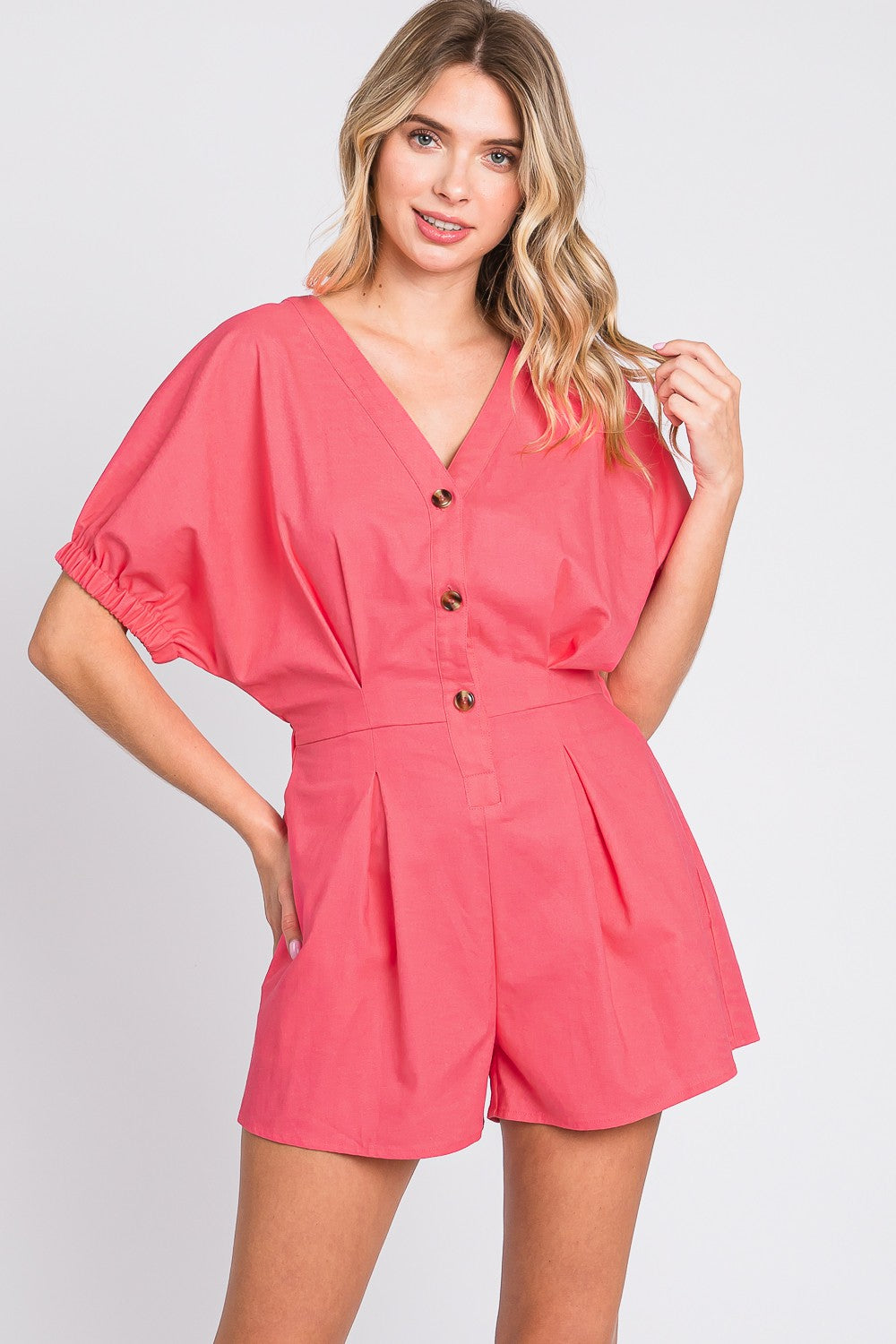 GeeGee Half Button V-Neck Linen Romper Pink