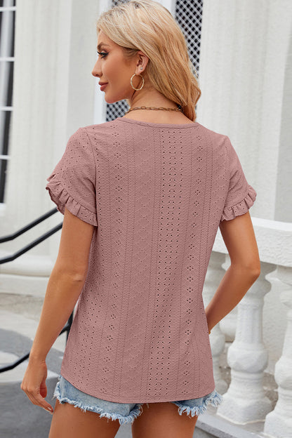 Eyelet Round Neck Petal Sleeve T-Shirt