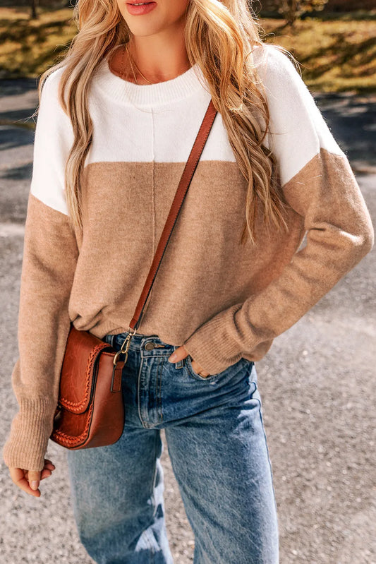 Color Block Round Neck Long Sleeve Sweater Camel