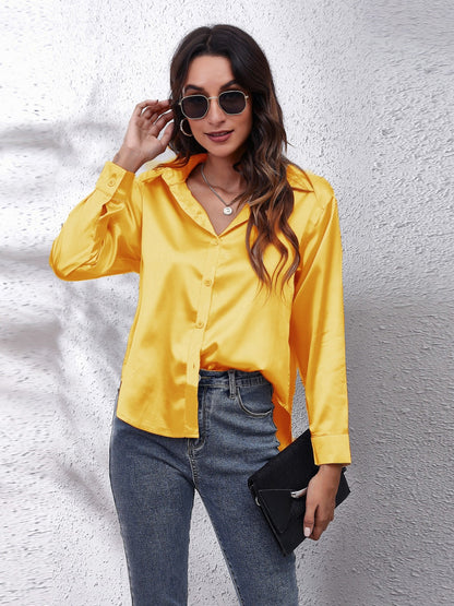 Button Up Collared Neck Long Sleeve Shirt Mustard