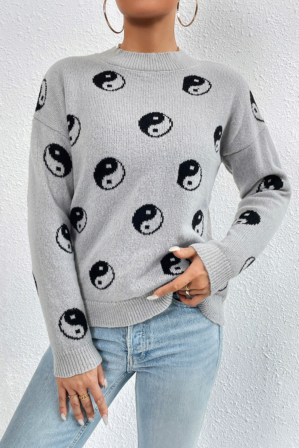 Graphic Mock Neck Dropped Shoulder Sweater Light Gray