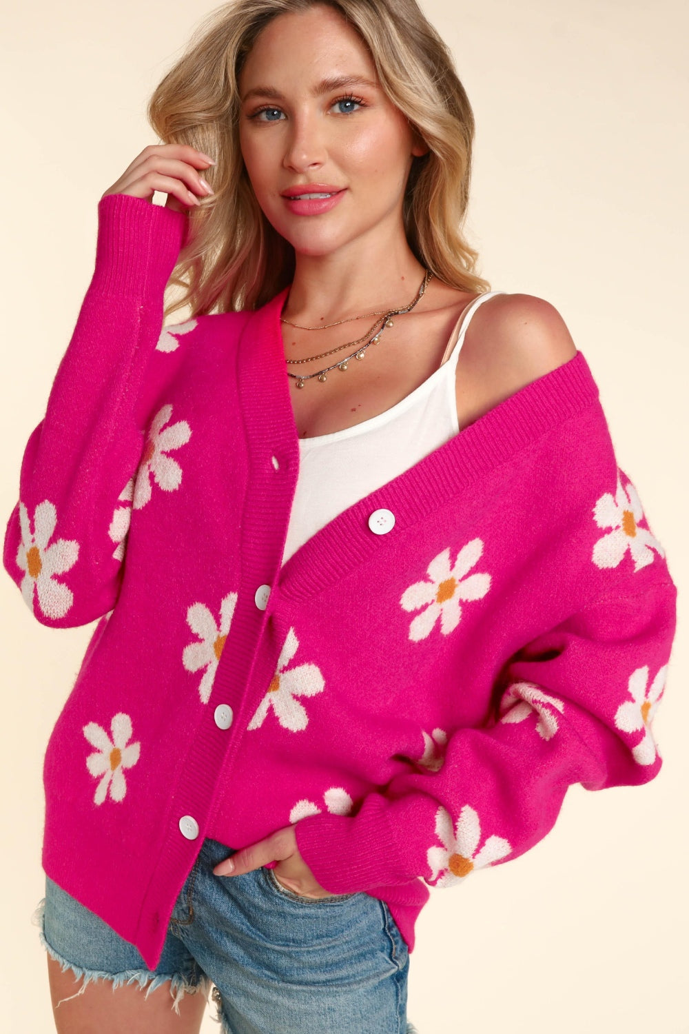 Haptics Full Size Daisy Floral Button Down Long Sleeve Cardigan Fuchsia