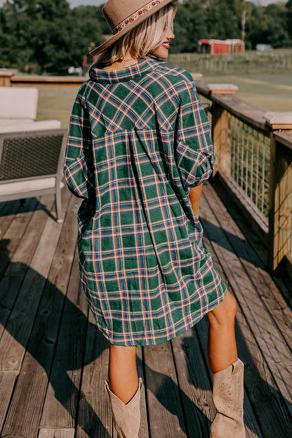 Green Oversized Plaid Half Sleeve Tunic Shirt