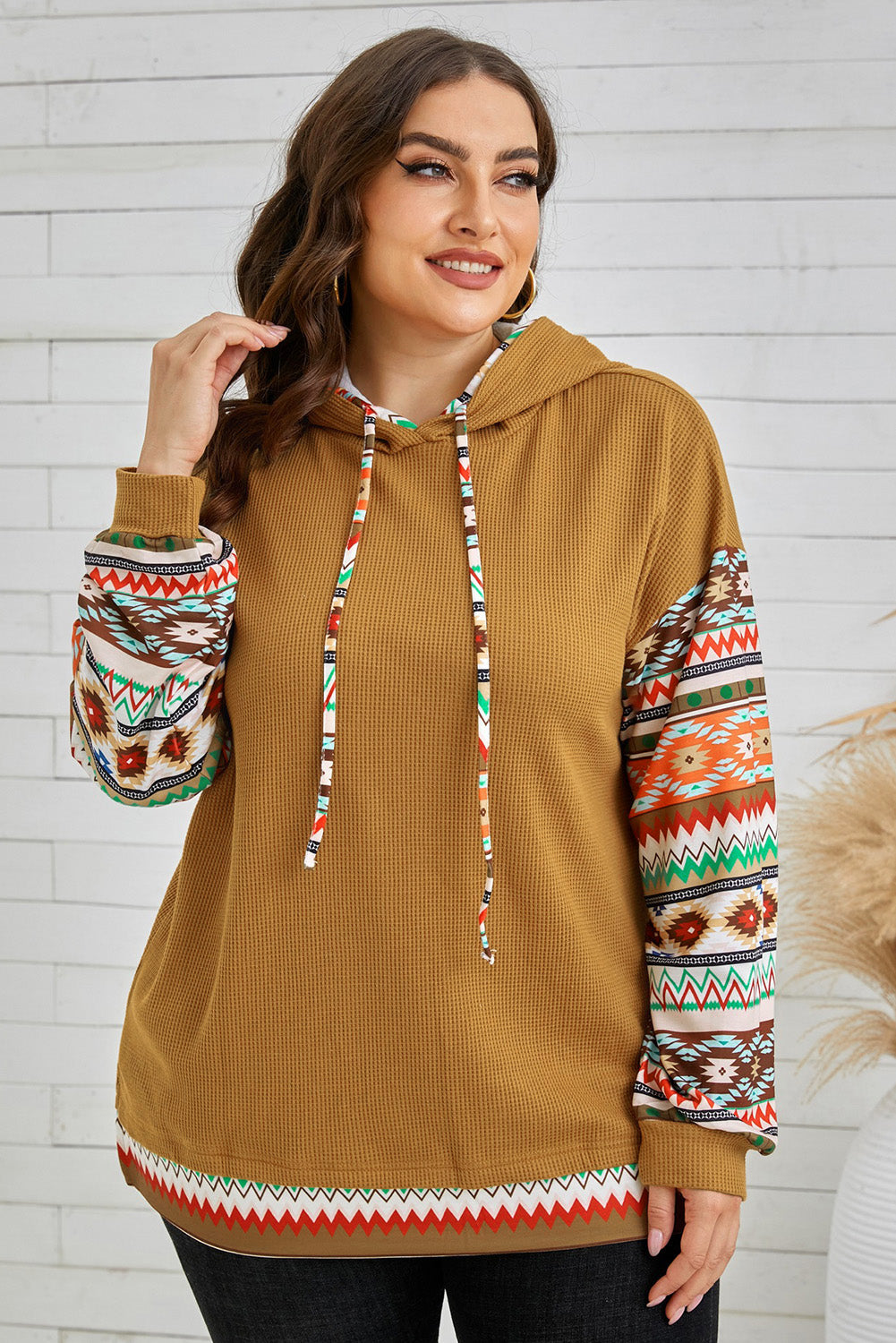 Camel Aztec Patchwork Sleeve Waffle Drawstring Plus Hoodie