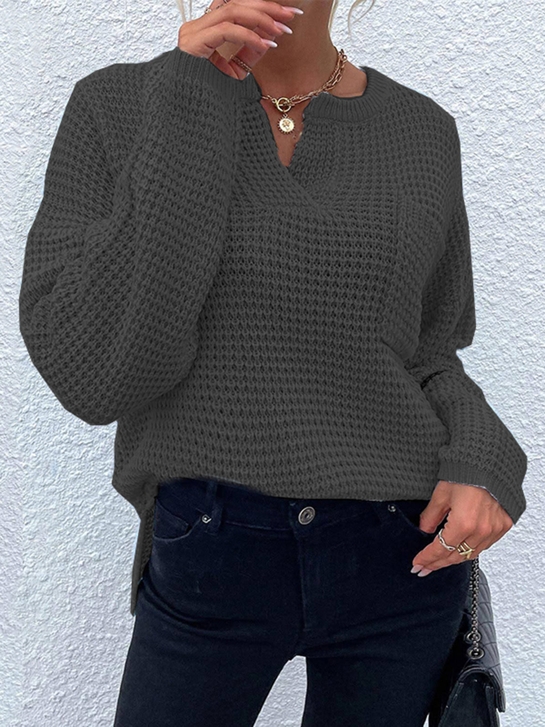 Notched Long Sleeve Sweater Charcoal