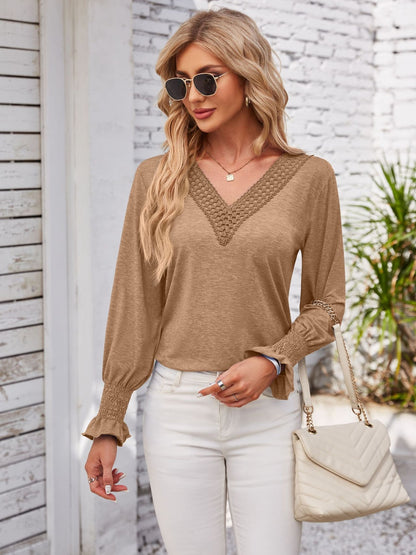 Smocked V-Neck Long Sleeve Blouse Camel