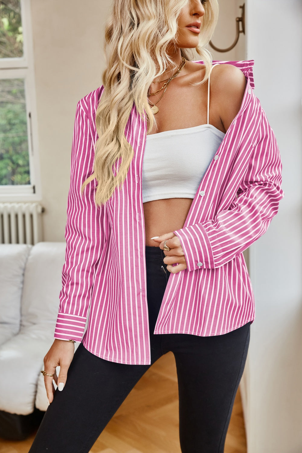 Striped Button Up Long Sleeve Shirt - Thandynie