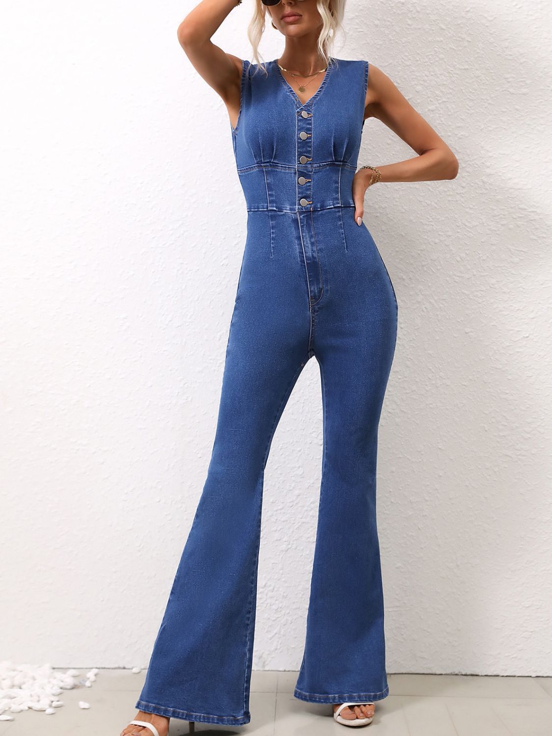 V-Neck Sleeveless Denim Jumpsuit Dark