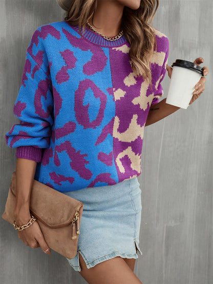 Round Neck Contrast Color Dropped Shoulder Sweater Blue Apricot