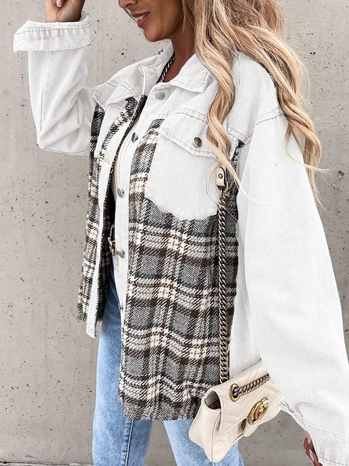 Plaid Button Up Dropped Shoulder Jacket - Thandynie