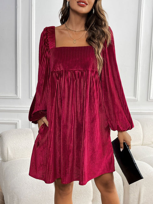 Perfee Tied Pocketed Square Neck Long Sleeve Dress Burgundy