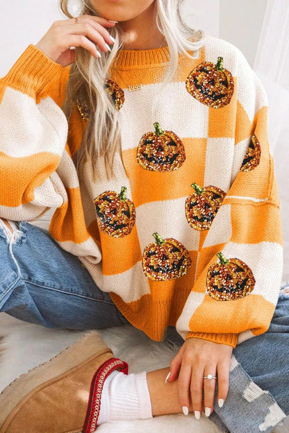 Pumpkin Checkered Round Neck Long Sleeve Sweater Tangerine