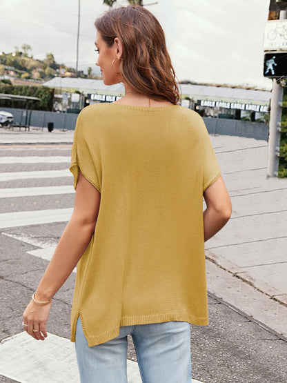 Notched Short Sleeve Knit Top