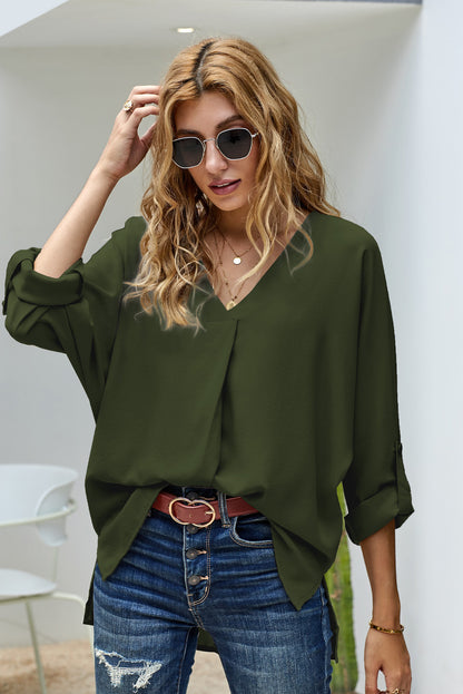 V-Neck Roll-Tab Sleeve Blouse Army Green