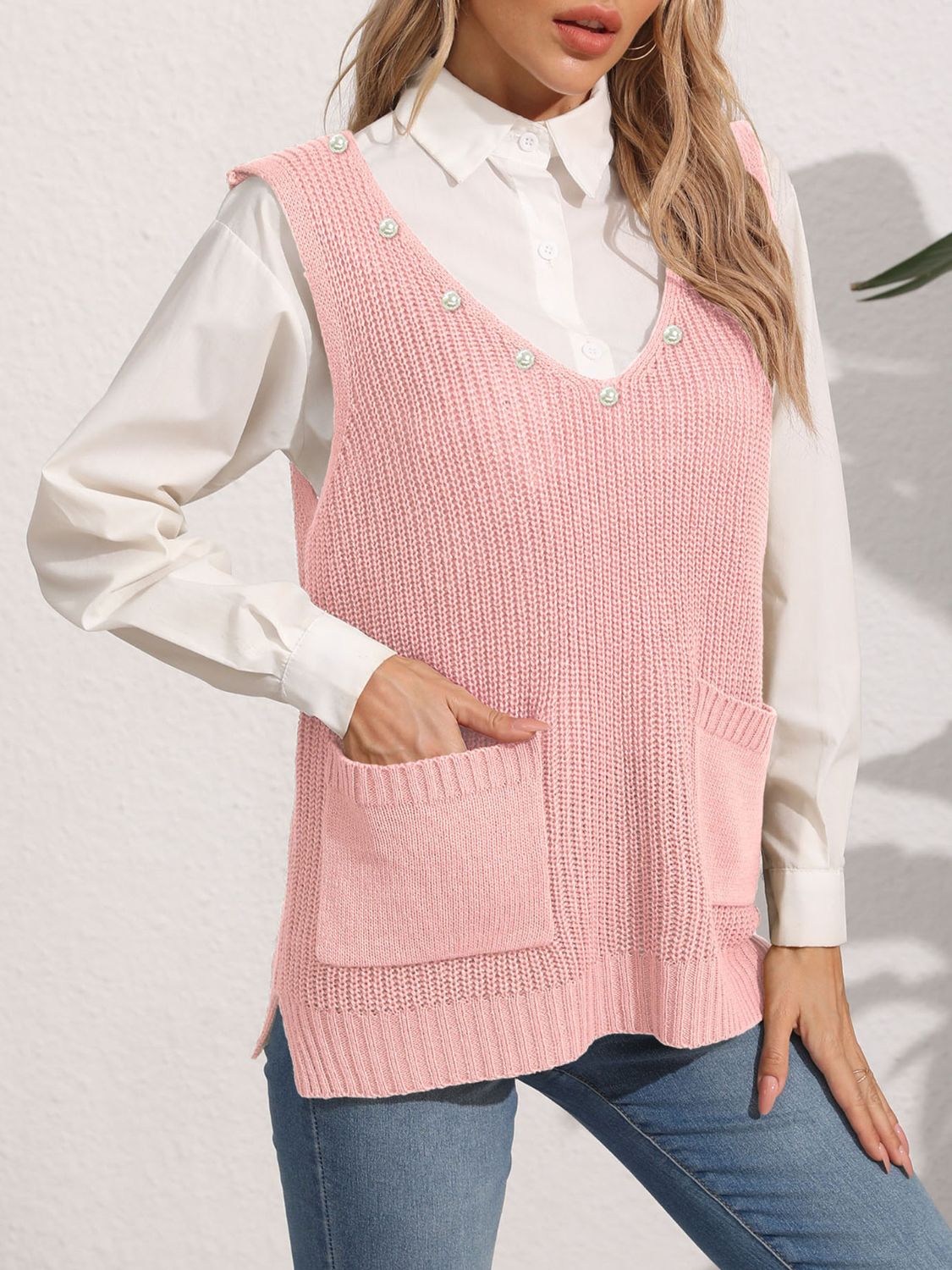 Slit V-Neck Sweater Vest Dusty Pink One Size