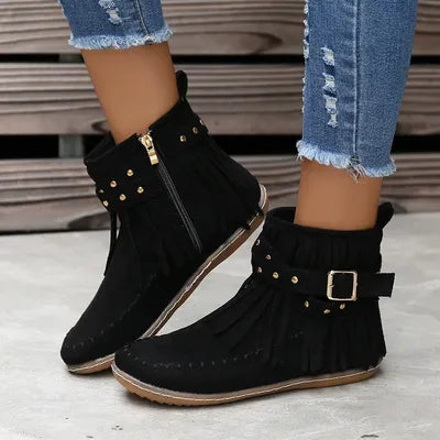 Fringe Studded Suede Flat Boots Black