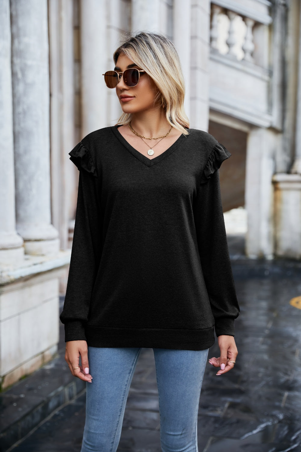 Ruffled Heathered V-Neck Long Sleeve T-Shirt Black