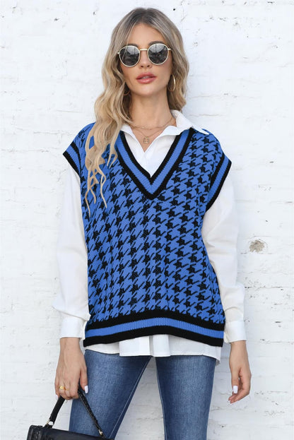 Ribbed V-Neck Sleeveless Sweater Blue One Size