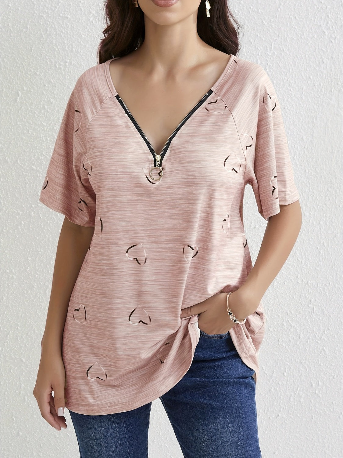 Heart Quarter Zip Short Sleeve T-Shirt Dusty Pink