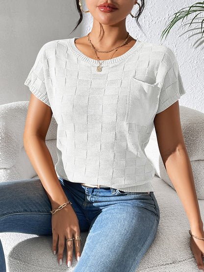 Round Neck Short Sleeve Knit Top White