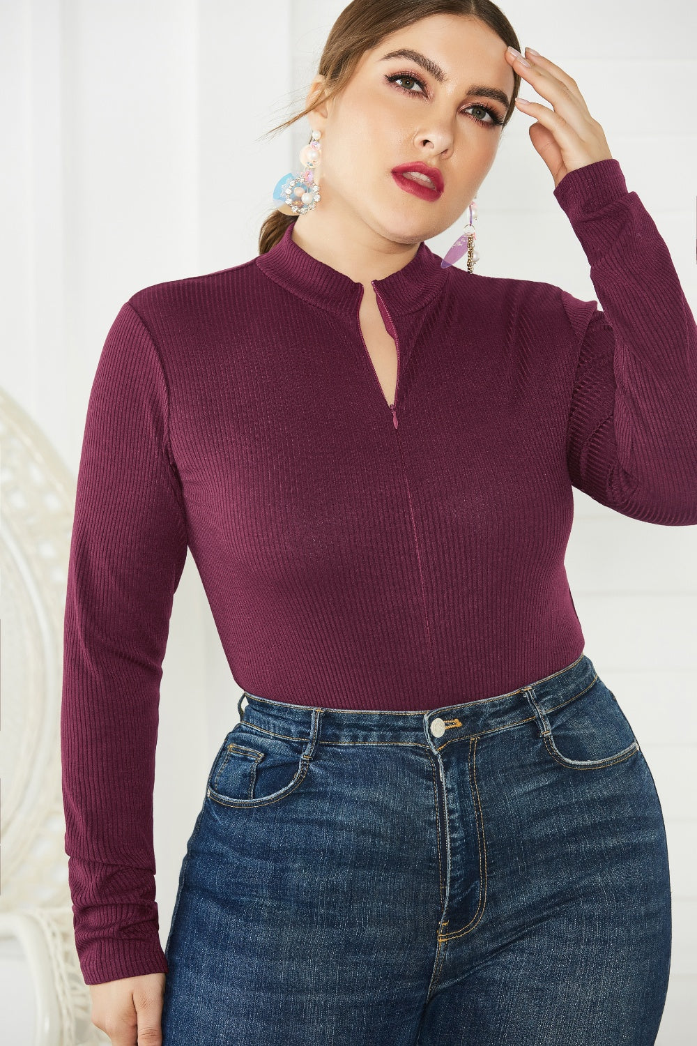 Plus Size Zip Up Long Sleeve Bodysuit - Thandynie