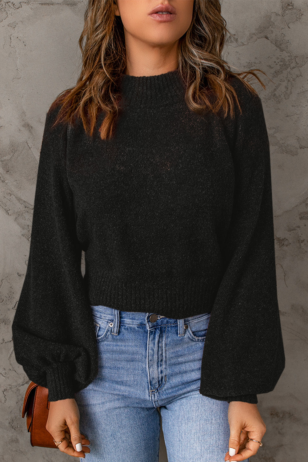 Ribbed Trim Balloon Sleeve Sweater Black