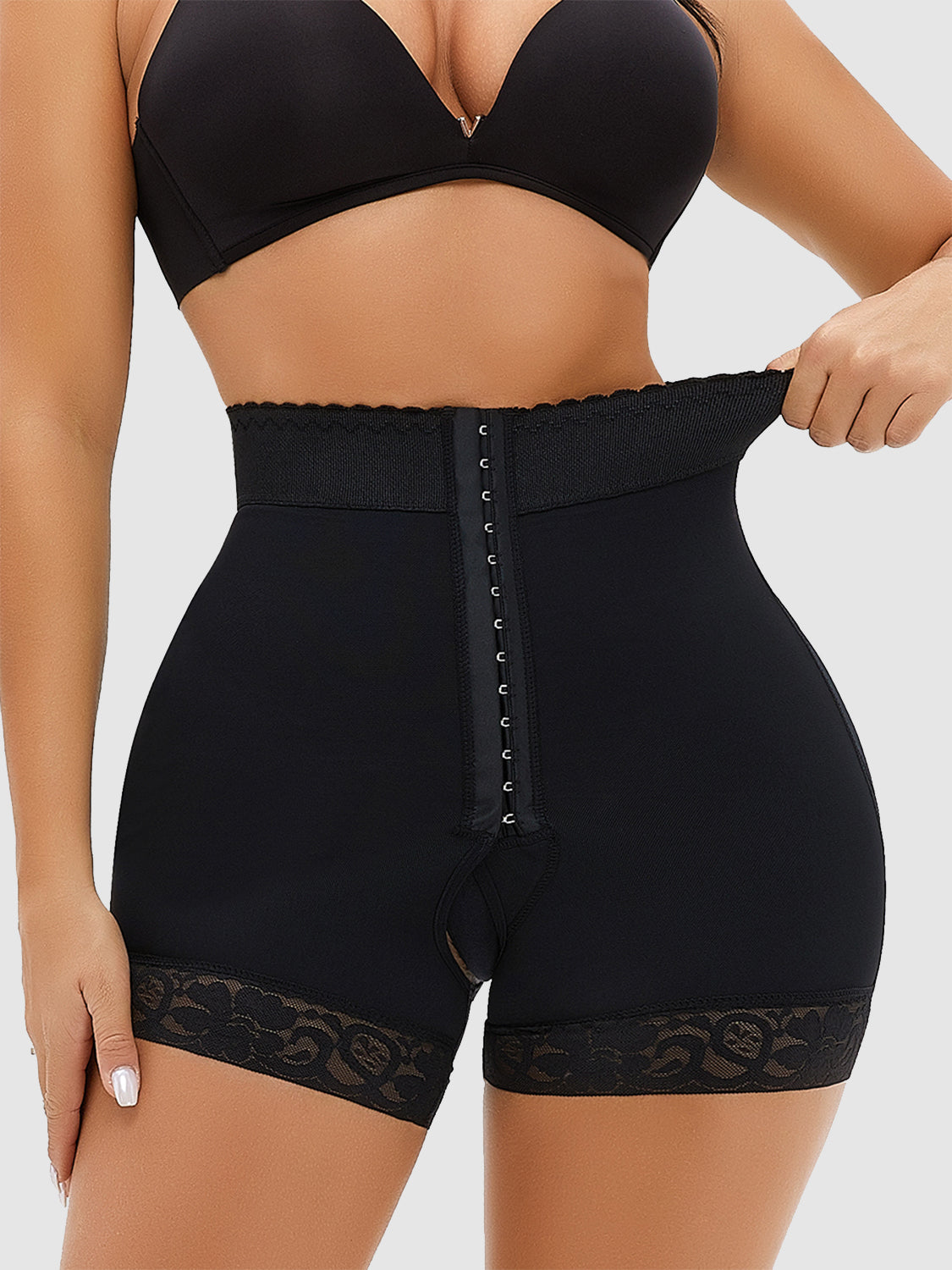 Full Size Lace Detail Hook-and-Eye Shaping Shorts Black