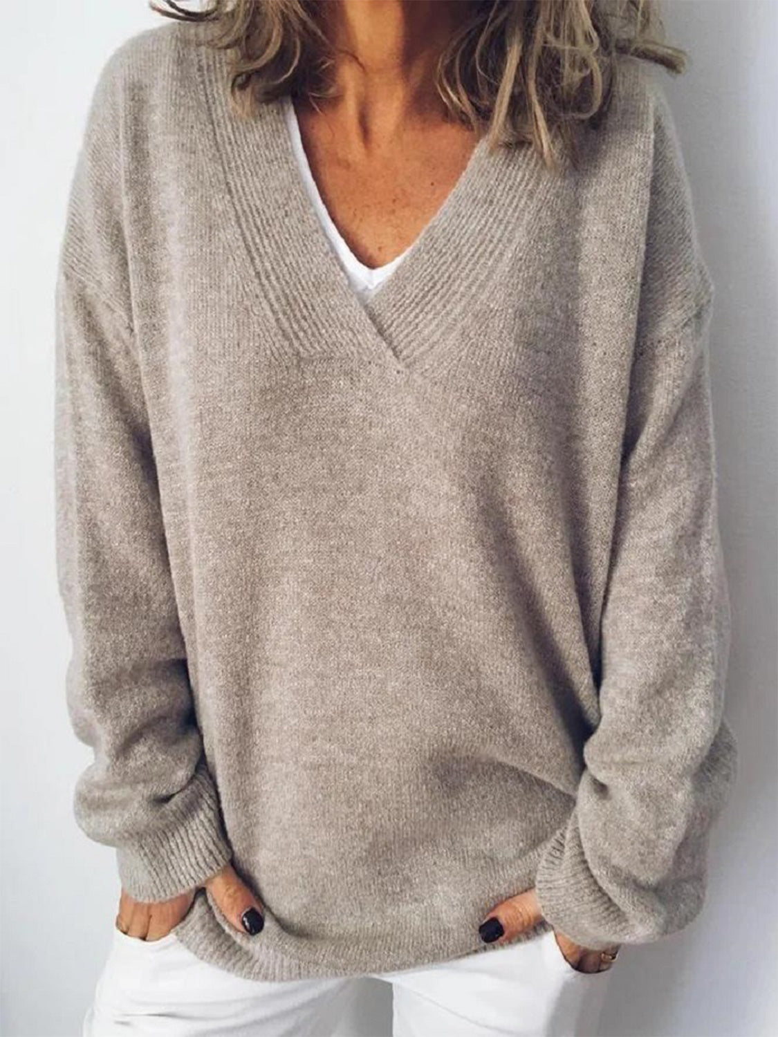 V-Neck Dropped Shoulder Sweater Tan