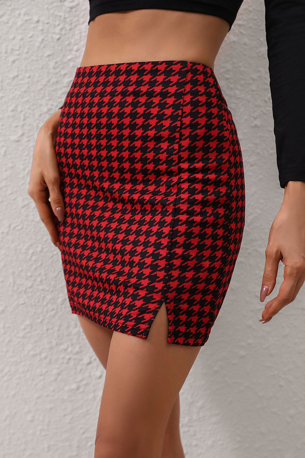 Houndstooth Slit Mini Skirt - Thandynie