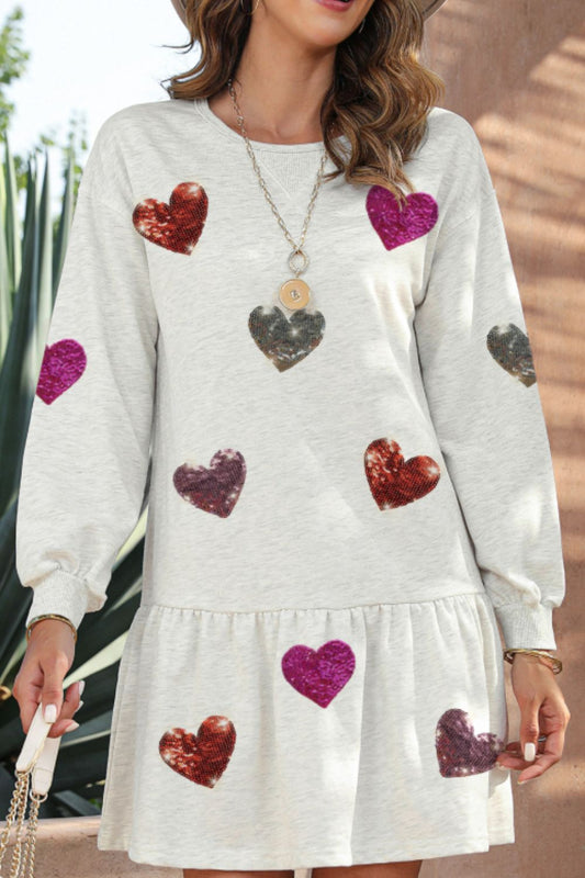 Sequin Heart Round Neck Long Sleeve Mini Dress White