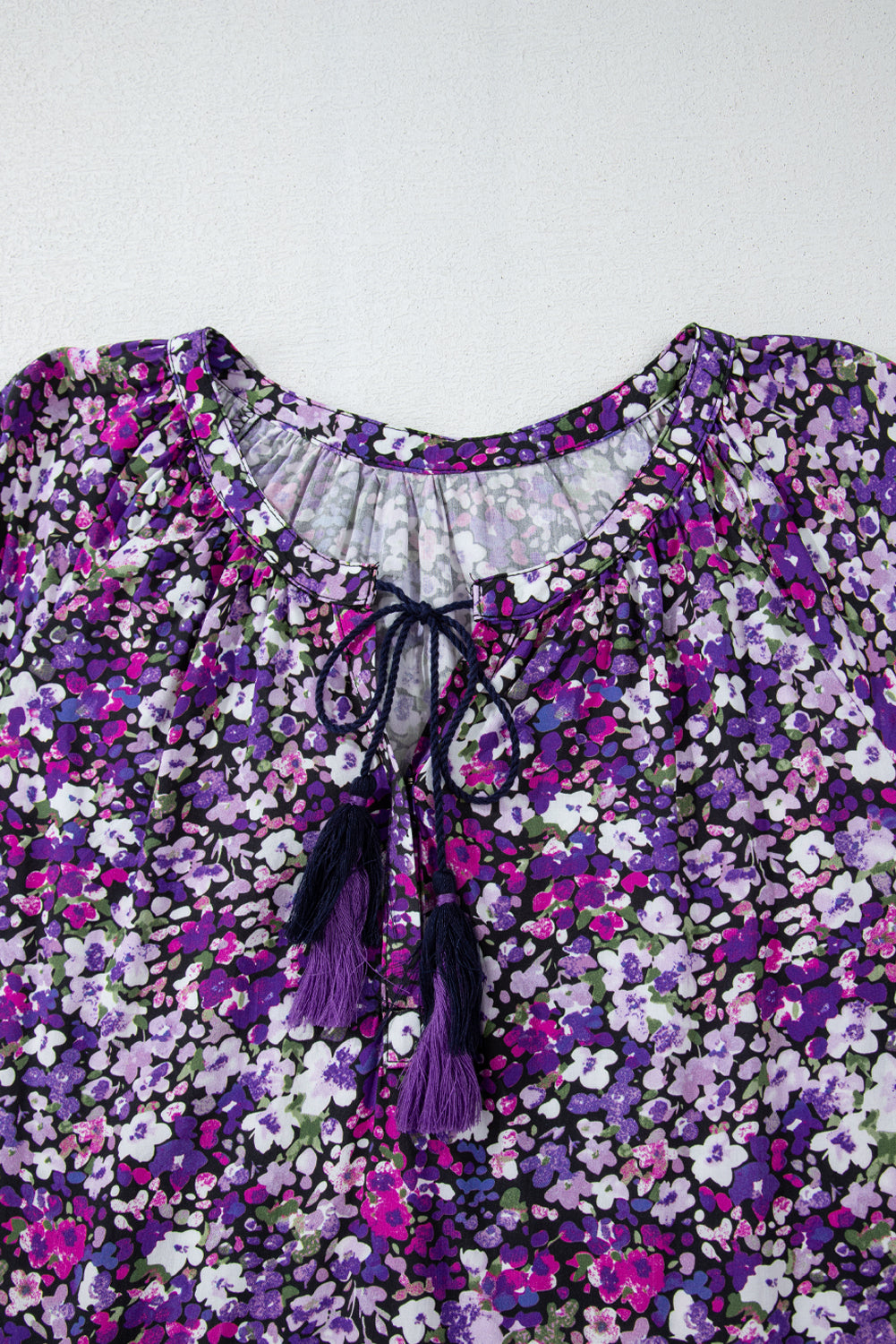 Purple Boho Flower Split V Neck Bubble Sleeve Blouse