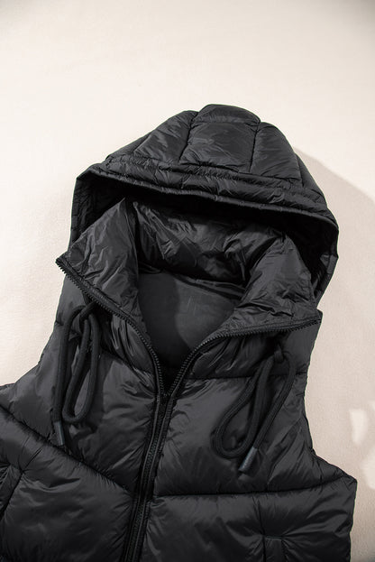 Black Sleek Quilted Puffer Hooded Vest Coat