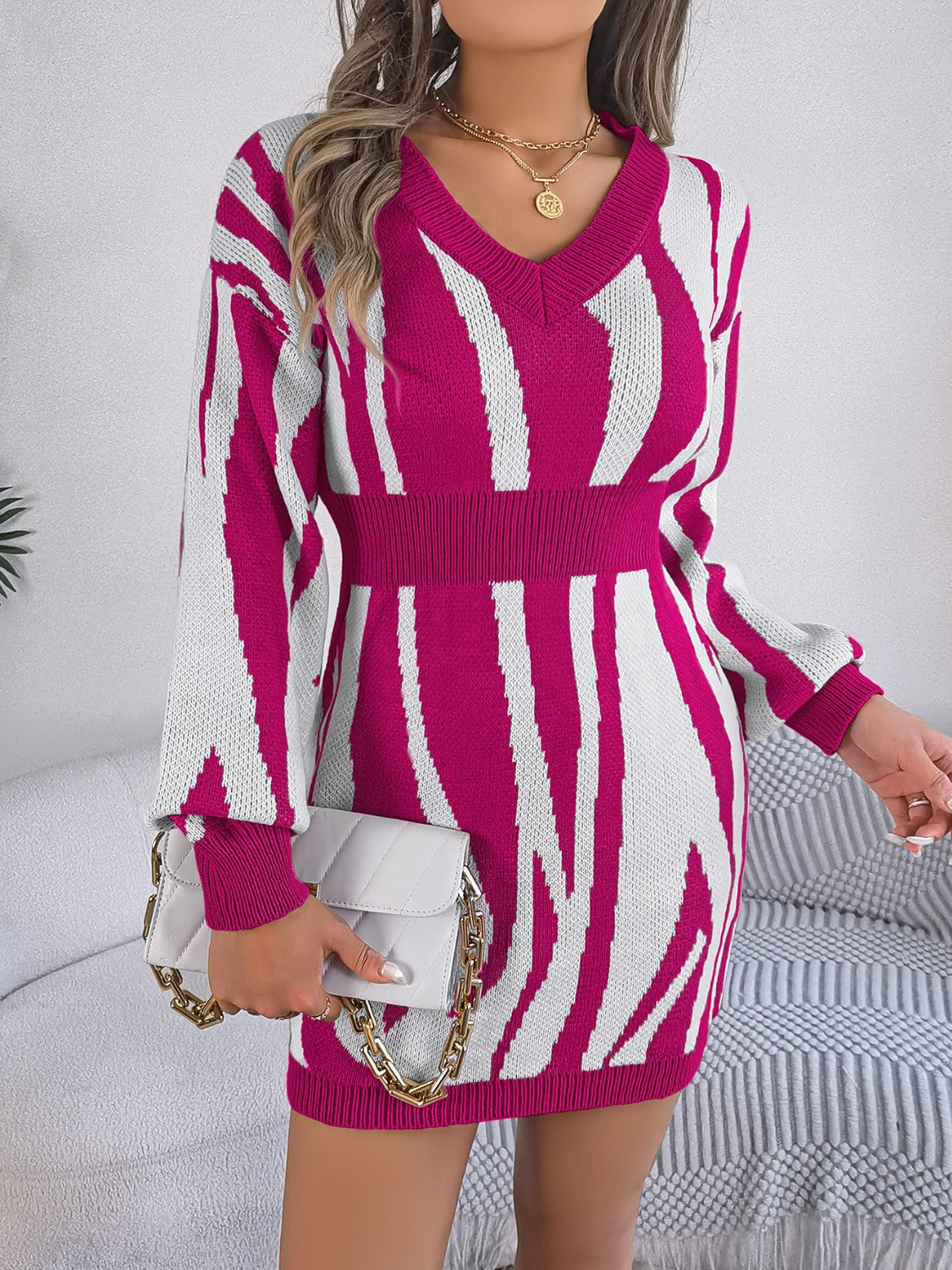 Animal Print V-Neck Long Sleeve Sweater Dress - 100% Acrylic, Moderate Stretch, Machine Washable Cerise