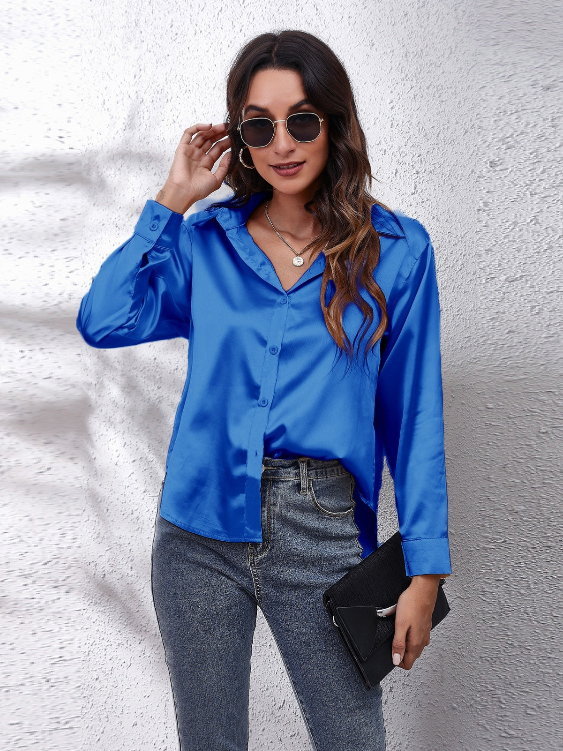 Collared Neck Buttoned Long Sleeve Shirt Royal Blue