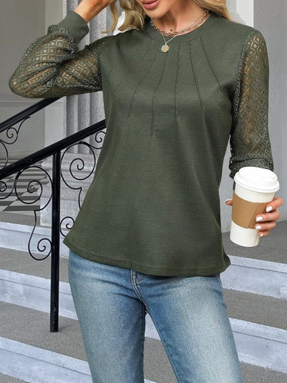 Waffle-Knit Round Neck Long Sleeve Blouse