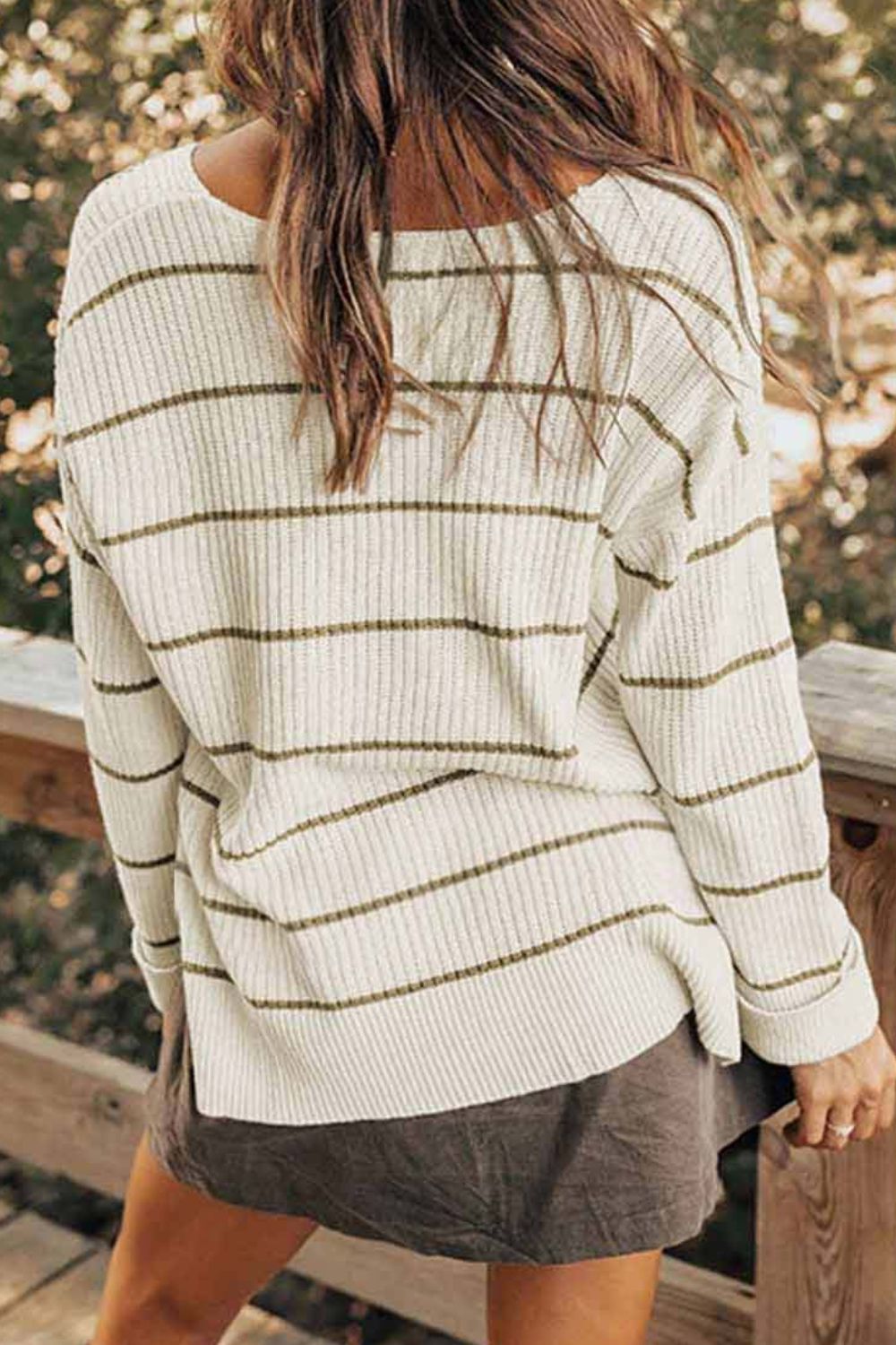 Striped V-Neck Drop Shoulder Sweater with Pocket